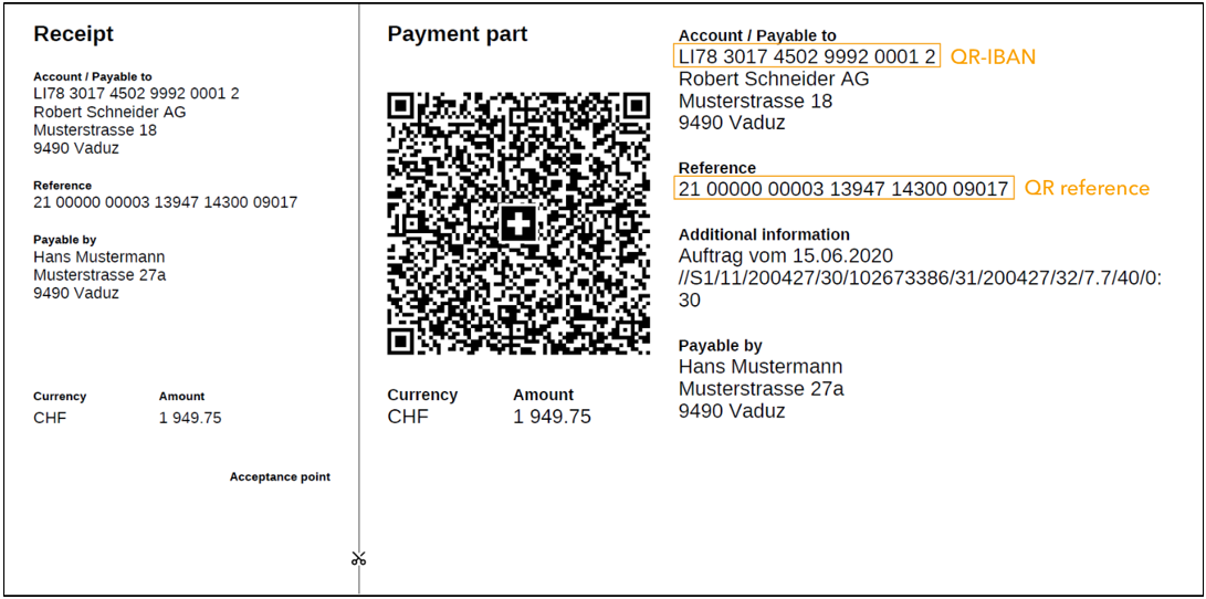 Payment section with a QR reference