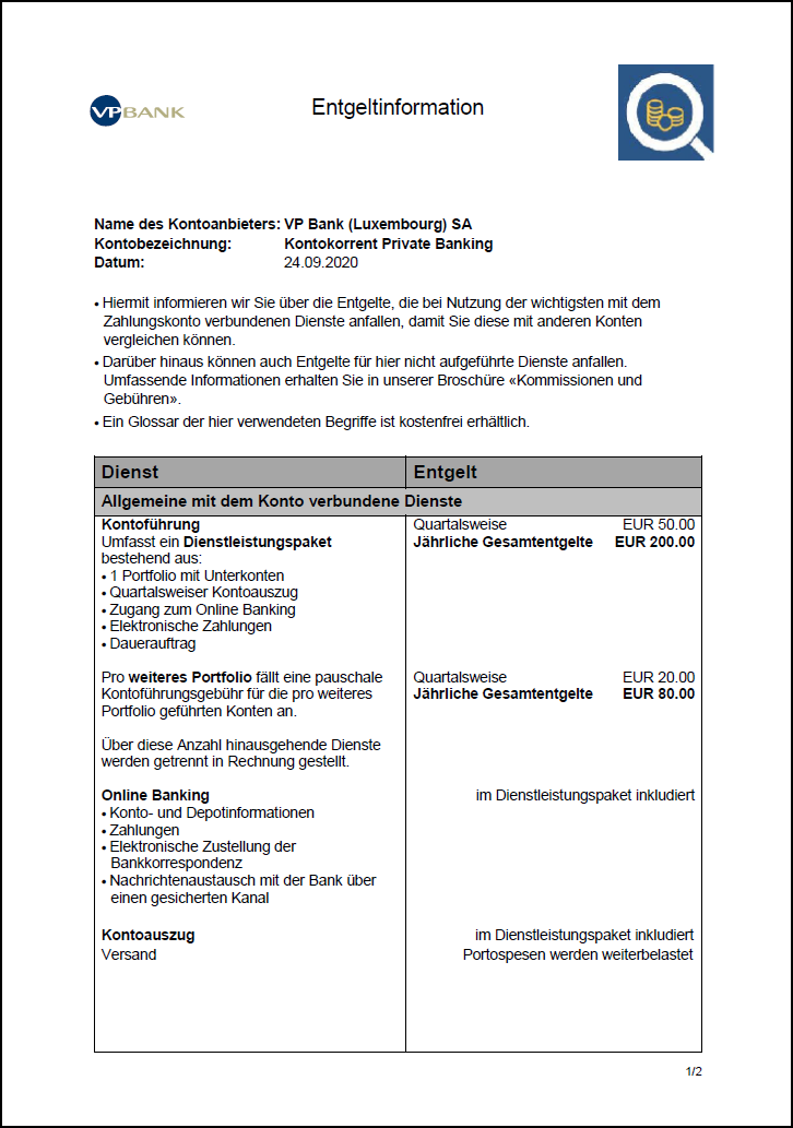 Entgeltinformation Private Banking