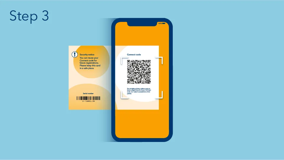 Step 3: Use the app to scan the Connect code on the card sent to you by VP Bank. Confirm access to your camera so that you can scan the Connect code in the next step. VP Bank Connect registration: step 3